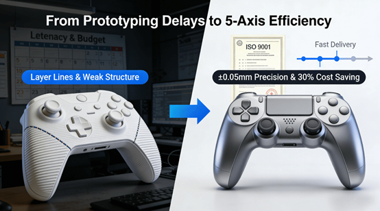 3D printed game controller with visible layering versus 5-axis CNC machined precision shell, showing 30% cost reduction and 3-5 day lead time for gaming hardware prototyping.DMG Mori 5-axis CNC machine machining an aluminum game controller shell with in-process probe verification and real-time DFM feedback display.